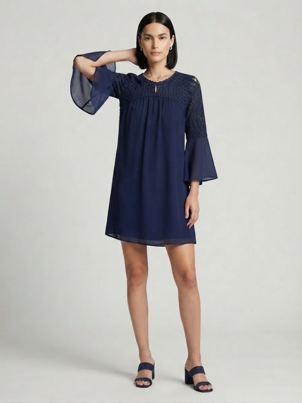 Lilly Pulitzer Navy Crochet Yoke Bell Sleeve Mini Dress